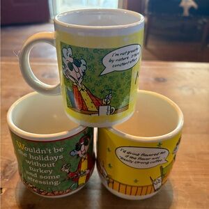 Cartoon Coffee Mug Set - Green, Yellow, White/ 3 cups total